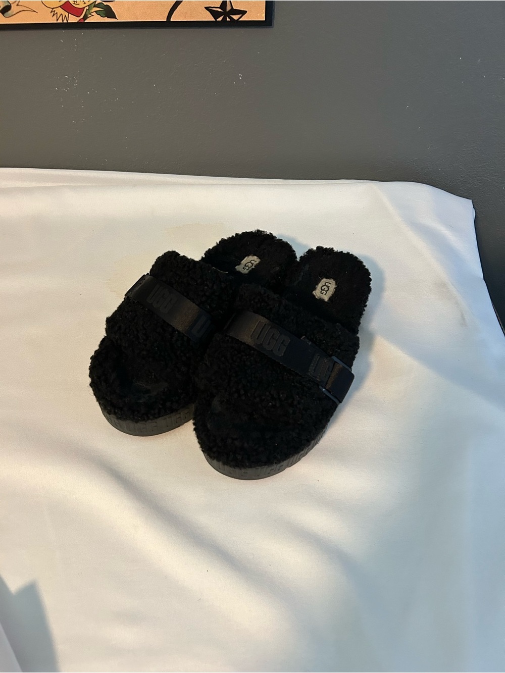 UGG Black Sherpa Slide Sandals with Branded Strap